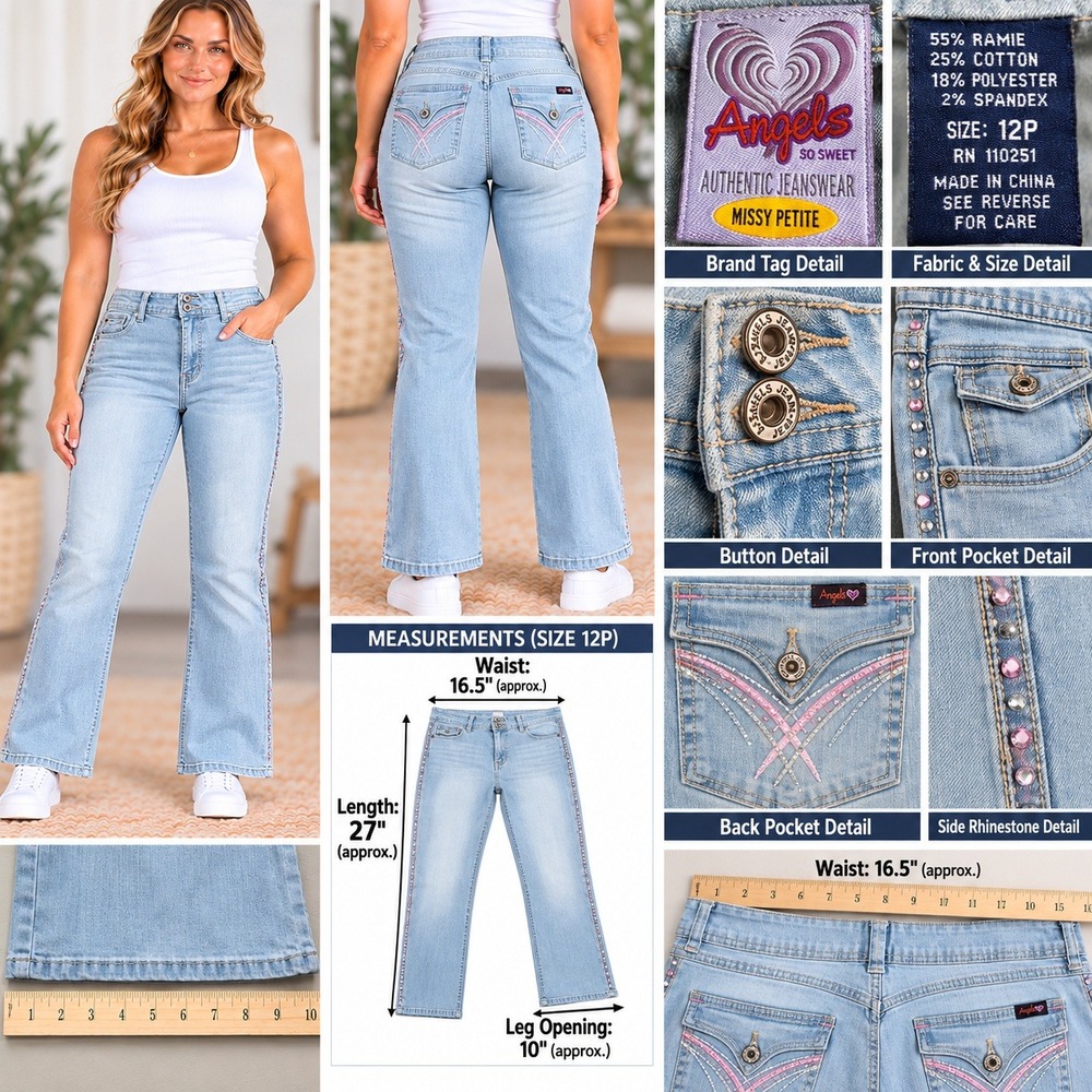 Angels So Sweet Missy Petite Flare Jeans Light Wash Rhinestone Embroidered 12P